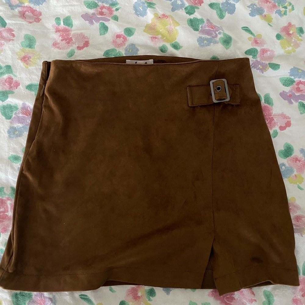 Brown Suede Mini Skirt with Buckle